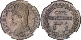 FRANCE
Directoire (1795-1799). Cinq centimes Dupré, grand module An 5 (1796), BB, Strasbourg.NGC MS 63 BN (overstruck on decime) (2131582-035).
Av. RE...