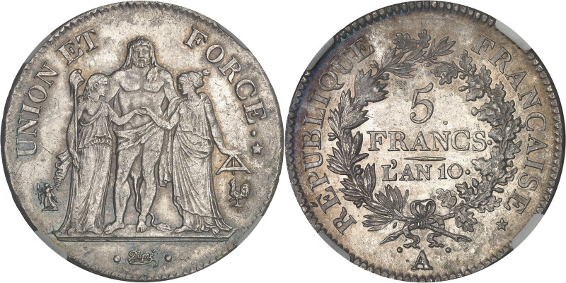 FRANCE
Consulat (1799-1804). 5 francs Union et Force An 10 (1802), A, Paris.NGC ...
