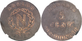 FRANCE
Premier Empire / Napoléon Ier (1804-1814). 5 centimes siège d’Anvers 1814, Anvers (Wolschot).NGC MS 63 BN (6630870-046).
Av. ANVERS (date). Gra...