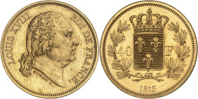 FRANCE
Louis XVIII (1814-1824). Essai de 40 francs en bronze doré, par Michaut 1815, Paris.
Av. LOUIS XVIII ROI DE FRANCE. Tête nue à droite ; au-dess...