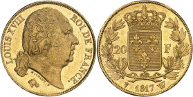 FRANCE
Louis XVIII (1814-1824). 20 francs tête nue 1817, W, Lille.NGC MS 63 (6635775-008).
Av. LOUIS XVIII ROI DE FRANCE. Tête nue de Louis XVIII à ...