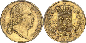 FRANCE
Louis XVIII (1814-1824). 20 francs tête nue, sans tête de cheval 1820, A, Paris.PCGS MS62 (36727164).
Av. LOUIS XVIII ROI DE FRANCE. Tête nue d...