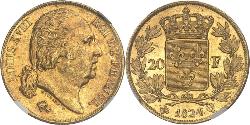 FRANCE
Louis XVIII (1814-1824). 20 francs tête nue 1824, Q, Perpignan.NGC MS 61 ...