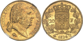 FRANCE
Louis XVIII (1814-1824). 20 francs tête nue 1824, Q, Perpignan.NGC MS 61 (6633790-018).
Av. LOUIS XVIII ROI DE FRANCE. Tête nue de Louis XVIII ...
