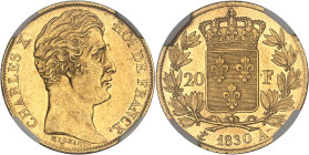 FRANCE
Charles X (1824-1830). 20 francs, tranche cannelée 1830, A, Paris.NGC AU 58 (6633193-119).
Av. CHARLES X ROI DE FRANCE. Tête nue à droite, au-d...