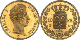 FRANCE
Charles X (1824-1830). Essai de 10 francs Or par Tiolier ND (1824), A, Paris.PCGS SP62 (28730961).
Av. CHARLES X ROI DE FRANCE. Tête nue à droi...