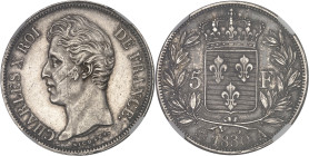 FRANCE
Charles X (1824-1830). 5 francs, tranche en relief 1830, A, Paris.NGC MS 61 (6631356-023).
Av. CHARLES X ROI DE FRANCE. Tête nue à gauche, au-d...