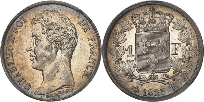 FRANCE
Charles X (1824-1830). 1 franc 1828, B, Rouen.PCGS MS62 (28037126).
Av. C...