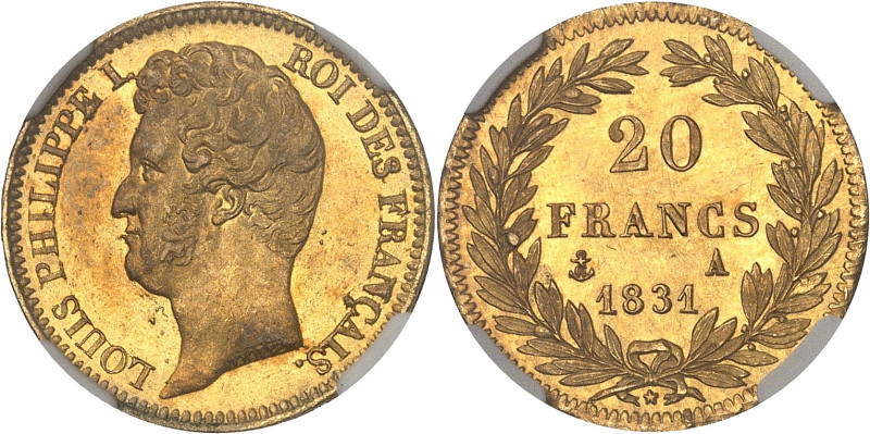 FRANCE
Louis-Philippe Ier (1830-1848). 20 francs tête nue, tranche en relief 183...