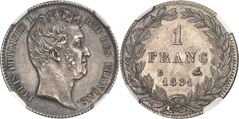 FRANCE
Louis-Philippe Ier (1830-1848). 1 franc tête nue 1831, B, Rouen.NGC MS 64...