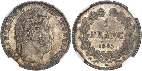 FRANCE
Louis-Philippe Ier (1830-1848). 1 franc tête laurée 1845, B, Rouen.NGC MS 63 (6633192-014).
Av. LOUIS PHILIPPE I ROI DES FRANÇAIS. Tête laurée ...