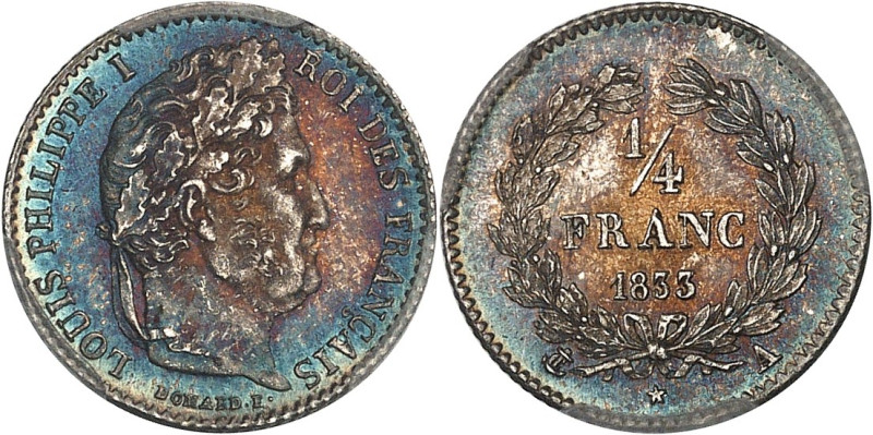 FRANCE
Louis-Philippe Ier (1830-1848). 1/4 franc 1833, A, Paris.PCGS MS67 (43683...