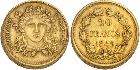 FRANCE
IIe République (1848-1852). Essai-piéfort de 20 francs, concours de 1848, deuxième type par Gayrard 1848, Paris.
Av. REPUBLIQUE FRANÇAISE. Tête...