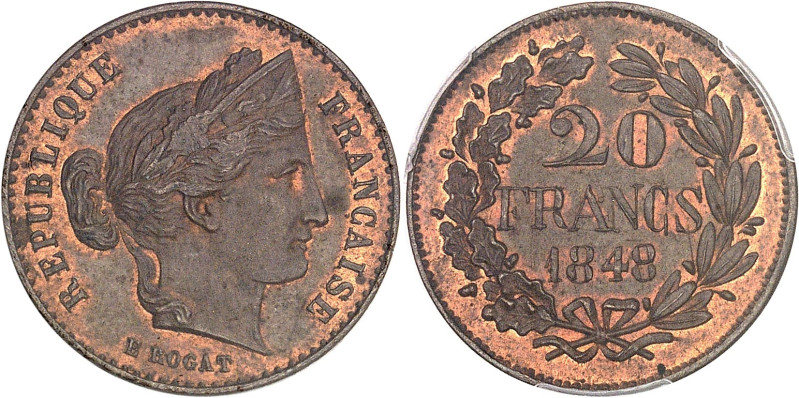 FRANCE
IIe République (1848-1852). Essai-piéfort de 20 francs, concours de 1848,...