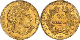 FRANCE
IIe République (1848-1852). 20 francs Cérès 1851, A, Paris.PCGS MS65+ (30189958).
Av. RÉPUBLIQUE FRANÇAISE. Tête de la République à droite en C...