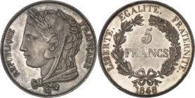 FRANCE
IIe République (1848-1852). Essai de 5 francs, concours de 1848, par Gayrard 1848, Paris.PCGS SP64 (34787980).
Av. REPUBLIQUE FRANÇAISE. Tête d...