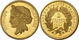 FRANCE
IIe République (1848-1852). Essai-piéfort de 5 francs, concours de 1848, deuxième type par Gayrard 1848, Paris.
Av. REPUBLIQUE FRANÇAISE. Tête ...