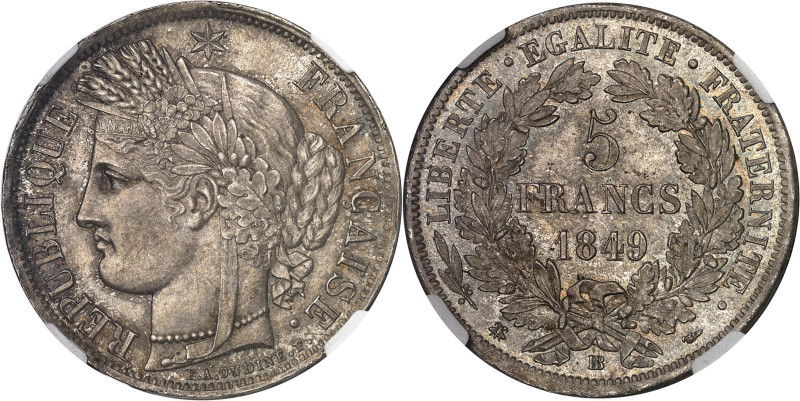 FRANCE
IIe République (1848-1852). 5 francs Cérès 1849, BB, Strasbourg.NGC MS 65...
