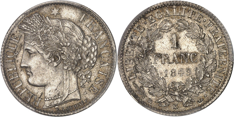 FRANCE
IIe République (1848-1852). 1 franc Cérès 1849, K, Bordeaux.PCGS MS63 (28...