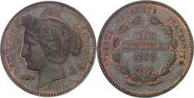 FRANCE
IIe République (1848-1852). Essai-piéfort de dix centimes, concours de 1848, premier type par Rogat 1848, Paris.PCGS SP64BN (45956252).
Av. RÉP...