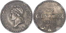 FRANCE
IIe République (1848-1852). Un centime Dupré, épreuve en argent 1848, A, Paris.NGC MS 63 (6633193-120).
Av. RÉPUBLIQUE - FRANÇAISE. Buste de la...
