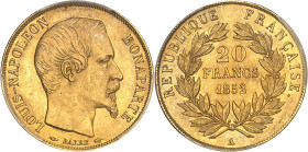 FRANCE
IIe République (1848-1852). 20 francs Louis-Napoléon Bonaparte 1852, A, Paris.PCGS MS64 (30189956).
Av. LOUIS-NAPOLEON BONAPARTE. Tête nue à dr...