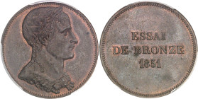 FRANCE
IIe République (1848-1852). Essai au module de 10 centimes Napoléon Bonaparte 1851, Paris.PCGS SP63BN (Maz.1373) (45956254).
Av. Buste lauré de...