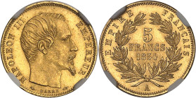 FRANCE
Second Empire / Napoléon III (1852-1870). 5 francs tête nue petit module, tranche lisse 1854, A, Paris.NGC MS 66 (6633193-067).
Av. NAPOLEON II...