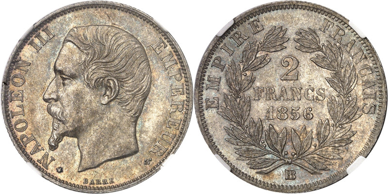 FRANCE
Second Empire / Napoléon III (1852-1870). 2 francs tête nue 1856, BB, Str...