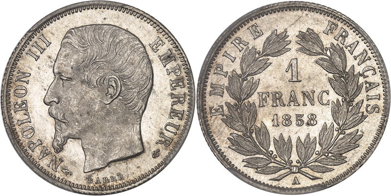 FRANCE
Second Empire / Napoléon III (1852-1870). 1 franc tête nue 1858, A, Paris...