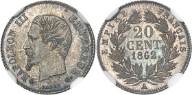 FRANCE
Second Empire / Napoléon III (1852-1870). 20 centimes tête nue, Flan bruni (PROOF) 1862, A, Paris.NGC PF 65 (6632265-041).
Av. (différent) NAPO...