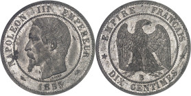 FRANCE
Second Empire / Napoléon III (1852-1870). Essai de dix centimes tête nue en étain 1855, B, Rouen.NGC MS 62 (6631356-010).
Av. NAPOLEON III EMPE...
