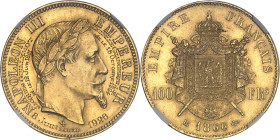FRANCE
Second Empire / Napoléon III (1852-1870). 100 francs tête laurée, transformée en médaille de mariage 1866 et 1926, BB, Strasbourg.NGC UNC DETAI...