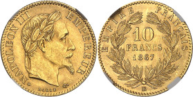 FRANCE
Second Empire / Napoléon III (1852-1870). 10 francs tête laurée 1867, BB, Strasbourg.NGC MS 64 (6633193-066).
Av. NAPOLEON III EMPEREUR. Tête n...