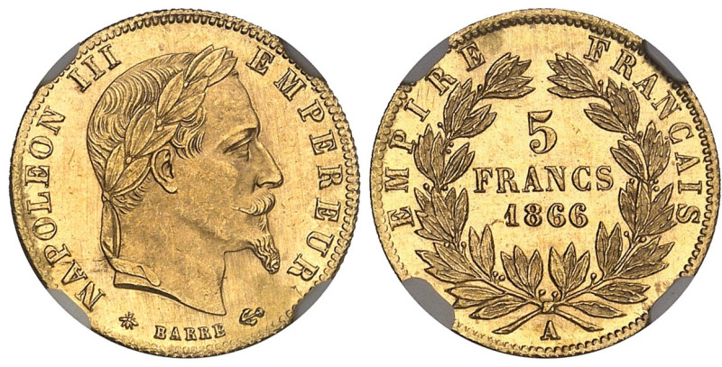 FRANCE
Second Empire / Napoléon III (1852-1870). 5 francs tête laurée 1866, A, P...