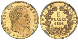 FRANCE
Second Empire / Napoléon III (1852-1870). 5 francs tête laurée 1866, A, Paris.NGC MS 65+ (6633193-069).
Av. NAPOLEON III EMPEREUR. Tête laurée ...