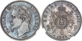 FRANCE
Second Empire / Napoléon III (1852-1870). Essai de 2 francs tête laurée, au double différent ancre, Flan bruni (PROOF) 1862, E, Paris.NGC PF 63...