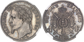 FRANCE
Second Empire / Napoléon III (1852-1870). Essai de 1 franc tête laurée, tranche cannelée, Flan bruni (PROOF) 1866, E, Paris.NGC PF 63 (6630871-...