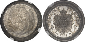 FRANCE
Second Empire / Napoléon III (1852-1870). 1 franc tête laurée, frappe fautée (double frappe hors virole) 1867, K, Bordeaux.NGC MS 66 MINT ERROR...