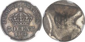 FRANCE
Second Empire / Napoléon III (1852-1870). Essai uniface de revers de 50 centimes tête laurée en bronze-argenté 1864, E, Paris.NGC MS 63 (663135...