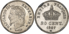 FRANCE
Second Empire / Napoléon III (1852-1870). 20 centimes, tête laurée 1867, BB, Strasbourg.NGC MS 65+ (2056917-036).
Av. (différent) NAPOLEON III ...