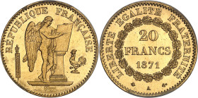 FRANCE
IIIe République (1870-1940). 20 francs Génie 1871, A, Paris.PCGS MS65 (37656706).
Av. RÉPUBLIQUE FRANÇAISE. Génie ailé de la République debout ...