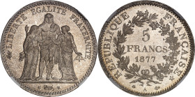 FRANCE
IIIe République (1870-1940). 5 francs Hercule 1877, A, Paris.NGC MS 67 (5790006-084).
Av. LIBERTÉ ÉGALITÉ FRATERNITÉ. Hercule entre la Liberté ...