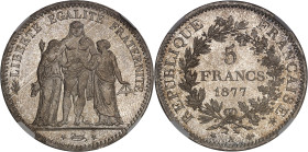FRANCE
IIIe République (1870-1940). 5 francs Hercule 1877, A, Paris.NGC MS 66 (5790006-076).
Av. LIBERTÉ ÉGALITÉ FRATERNITÉ. Hercule entre la Liberté ...