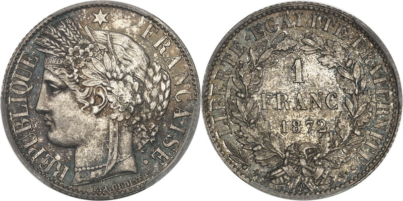 FRANCE
IIIe République (1870-1940). 1 franc Cérès, petit A 1872, A, Paris.PCGS M...