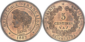 FRANCE
IIIe République (1870-1940). 5 centimes Cérès 1887, A, Paris.PCGS MS65RB (44361879).
Av. RÉPUBLIQUE FRANÇAISE (date). Tête de la République à g...