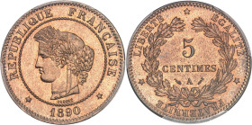 FRANCE
IIIe République (1870-1940). 5 centimes Cérès 1890, A, Paris.PCGS MS65RD (44361880).
Av. RÉPUBLIQUE FRANÇAISE (date). Tête de la République à g...