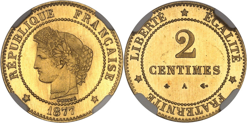 FRANCE
IIIe République (1870-1940). Épreuve en Or de 2 centimes Cérès, Flan brun...