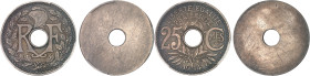 FRANCE
IIIe République (1870-1940). Paire d’épreuves unifaces, avers et revers, de 25 centimes Lindauer, en bronze-argenté, frappes spéciales (SP) 191...