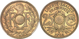 FRANCE
IIIe République (1870-1940). Essai de 25 centimes Lindauer, grand module, non perforé, en bronze-aluminium 1914, Paris.PCGS SP65 (43135361).
...